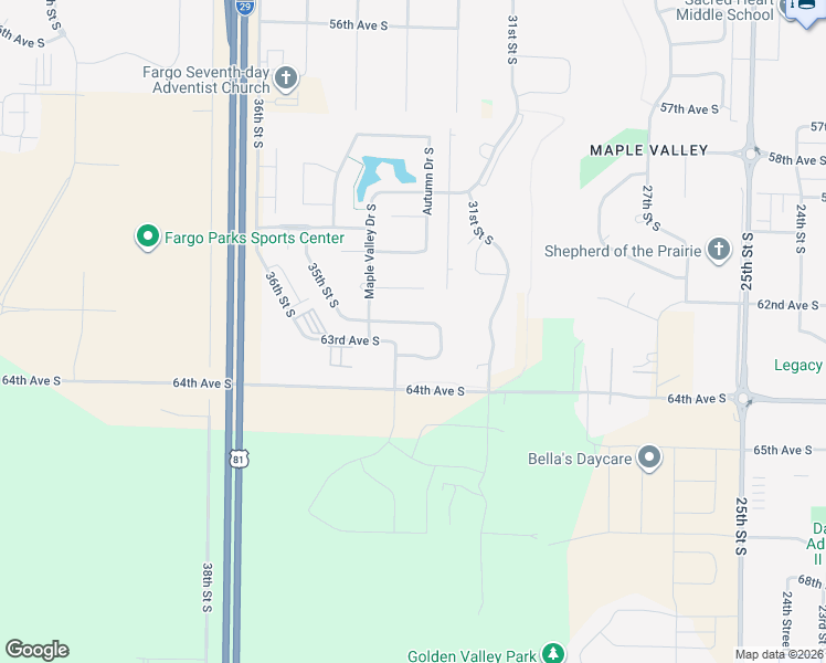 map of restaurants, bars, coffee shops, grocery stores, and more near 3281 South 63 Avenue in Fargo
