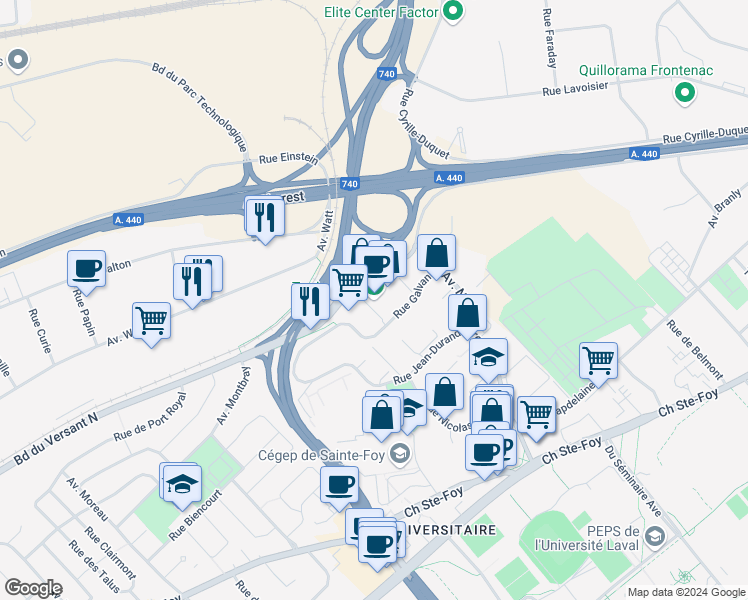 map of restaurants, bars, coffee shops, grocery stores, and more near 2327 Boulevard du Versant Nord in Québec