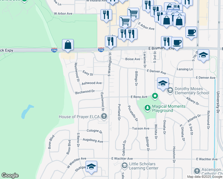 map of restaurants, bars, coffee shops, grocery stores, and more near 1309 South Washington Street in Bismarck