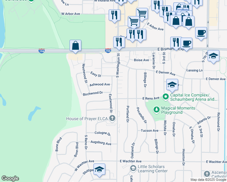 map of restaurants, bars, coffee shops, grocery stores, and more near 1313 Eastwood Street in Bismarck