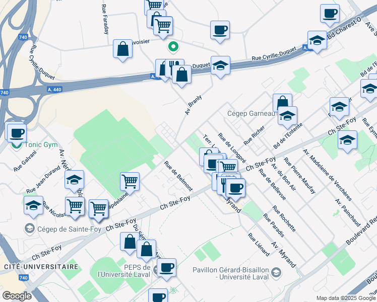 map of restaurants, bars, coffee shops, grocery stores, and more near 751 Avenue Myrand in Québec