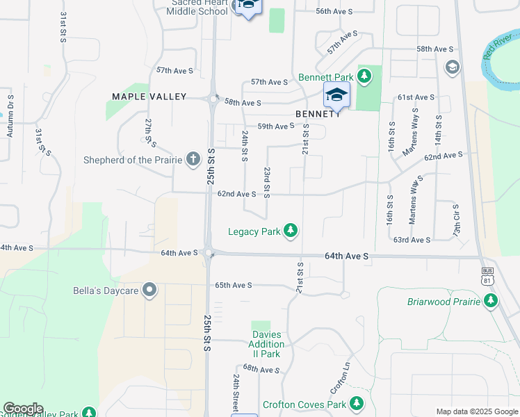 map of restaurants, bars, coffee shops, grocery stores, and more near 6259 23 Street South in Fargo