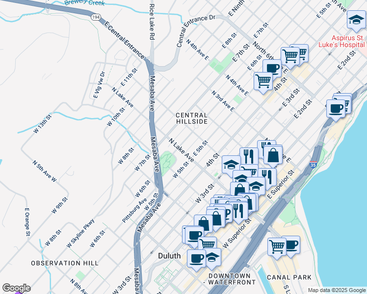 map of restaurants, bars, coffee shops, grocery stores, and more near 522 North Lake Avenue in Duluth