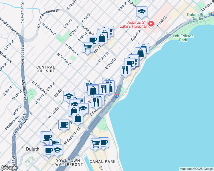 map of restaurants, bars, coffee shops, grocery stores, and more near 17-35 East 4th Street in Duluth