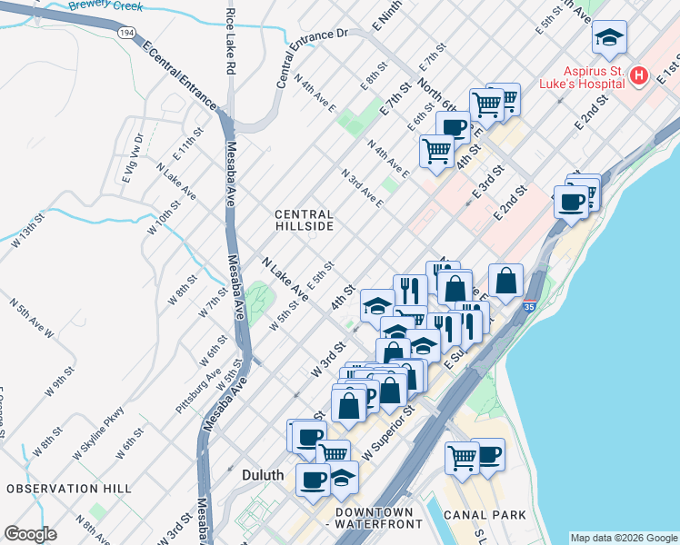 map of restaurants, bars, coffee shops, grocery stores, and more near 414 North 1st Avenue East in Duluth