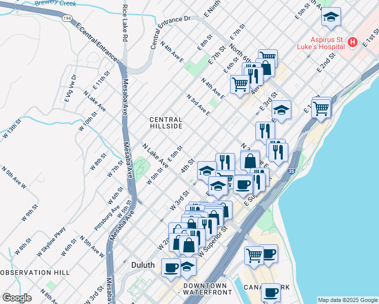 map of restaurants, bars, coffee shops, grocery stores, and more near 414 North 1st Avenue East in Duluth
