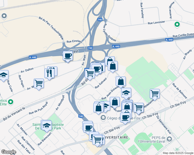 map of restaurants, bars, coffee shops, grocery stores, and more near 2327 Boulevard du Versant Nord in Québec