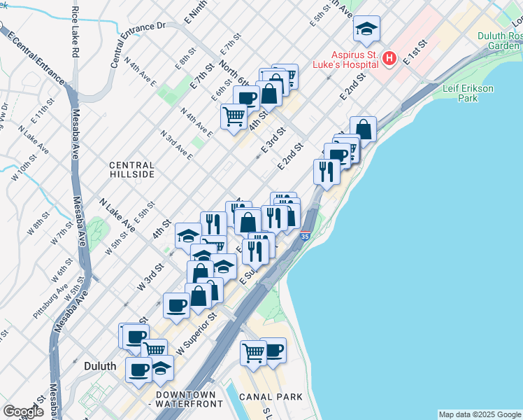 map of restaurants, bars, coffee shops, grocery stores, and more near 309 East 1st Street in Duluth