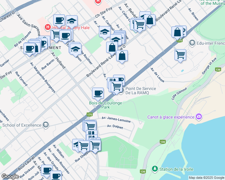 map of restaurants, bars, coffee shops, grocery stores, and more near 1122 Grande Allée Ouest in Québec