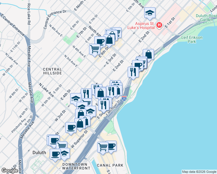map of restaurants, bars, coffee shops, grocery stores, and more near 309 East 1st Street in Duluth