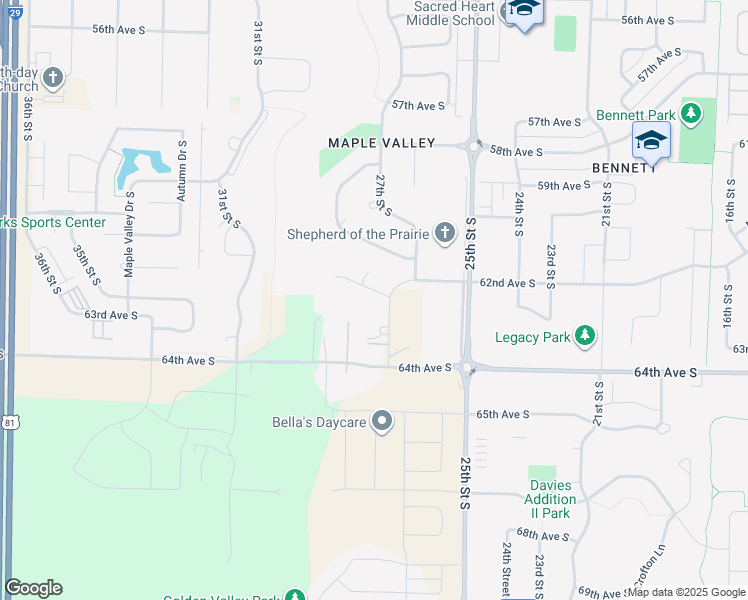 map of restaurants, bars, coffee shops, grocery stores, and more near 2730 Samuel Drive South in Fargo
