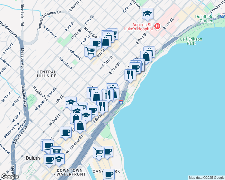 map of restaurants, bars, coffee shops, grocery stores, and more near 17-35 East 4th Street in Duluth