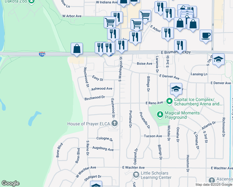 map of restaurants, bars, coffee shops, grocery stores, and more near 1313 Eastwood Street in Bismarck