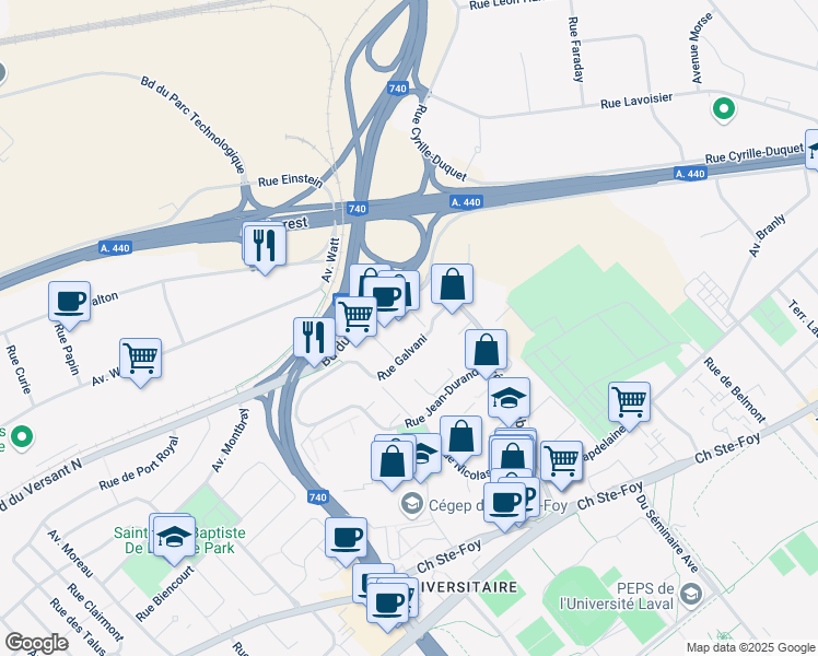 map of restaurants, bars, coffee shops, grocery stores, and more near 2333 Rue Galvani in Québec
