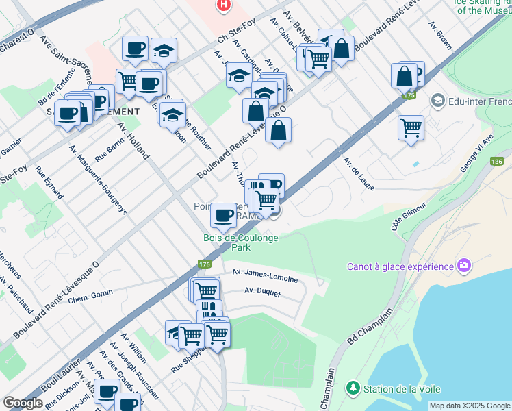 map of restaurants, bars, coffee shops, grocery stores, and more near 1122 Grande Allée Ouest in Québec