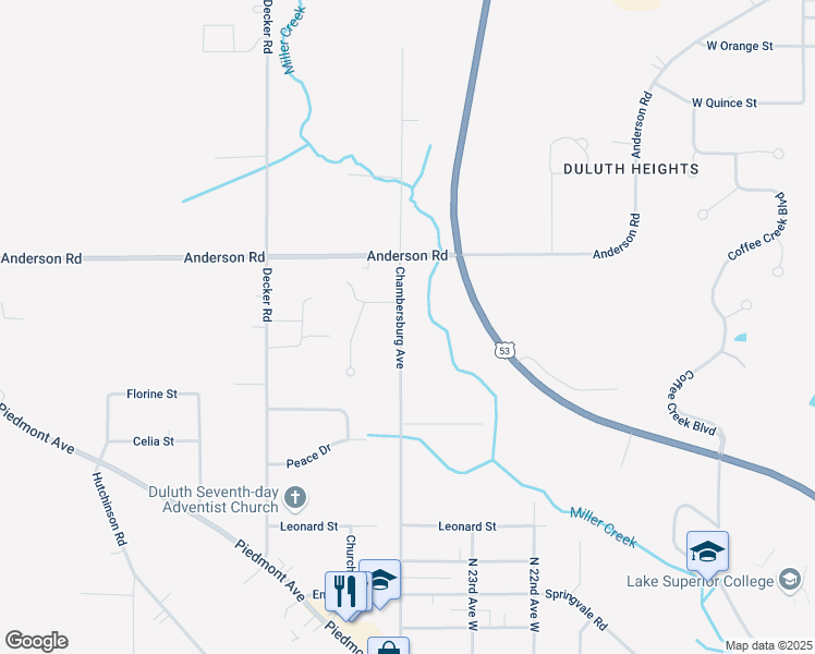 map of restaurants, bars, coffee shops, grocery stores, and more near 3620 Chambersburg Avenue in Duluth