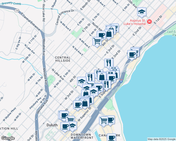 map of restaurants, bars, coffee shops, grocery stores, and more near 205 East 3rd Street in Duluth