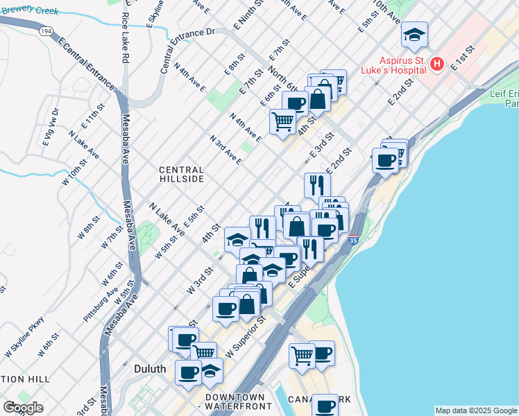 map of restaurants, bars, coffee shops, grocery stores, and more near 209 East 3rd Street in Duluth
