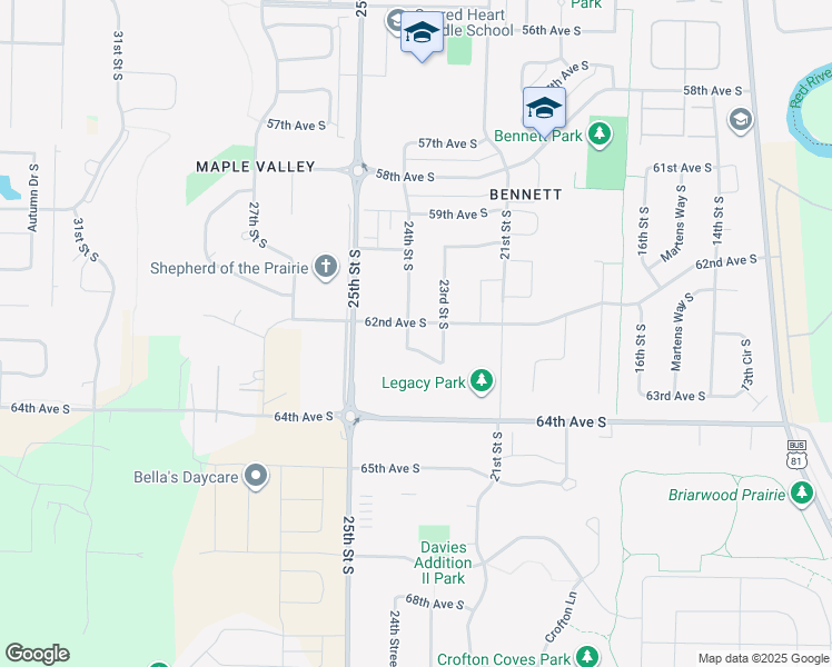 map of restaurants, bars, coffee shops, grocery stores, and more near 6259 23 Street South in Fargo