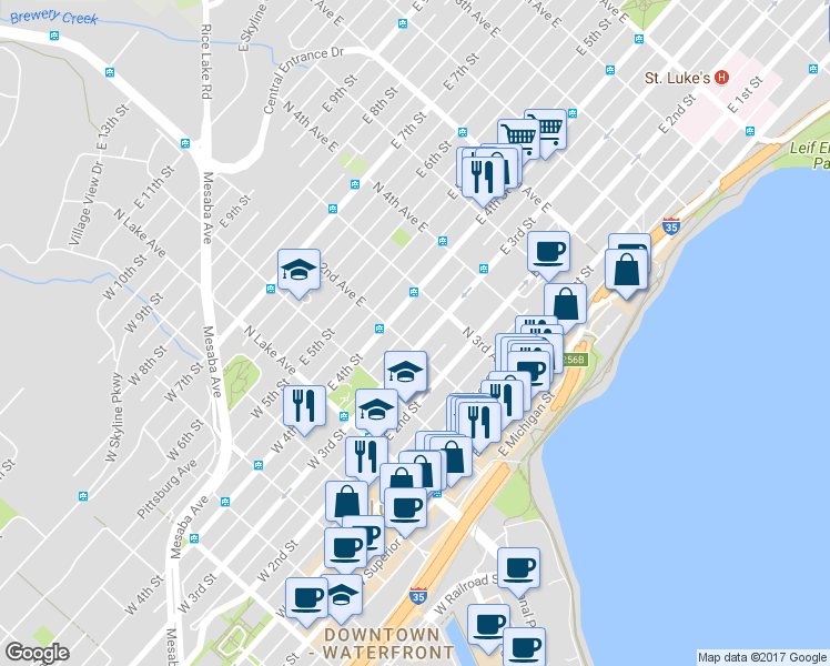 map of restaurants, bars, coffee shops, grocery stores, and more near 228 North 2nd Avenue East in Duluth