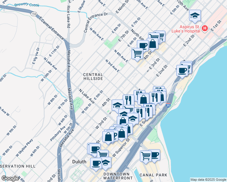 map of restaurants, bars, coffee shops, grocery stores, and more near 123 East 4th Street in Duluth