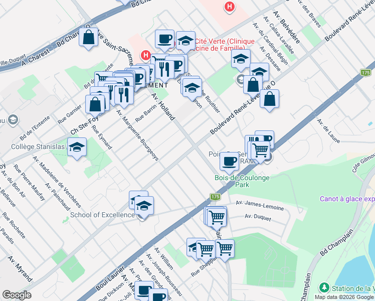 map of restaurants, bars, coffee shops, grocery stores, and more near 1308 Boulevard René-Lévesque Ouest in Québec