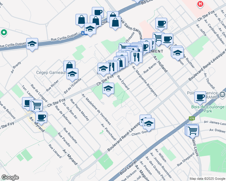 map of restaurants, bars, coffee shops, grocery stores, and more near 835 Avenue de Vimy in Québec