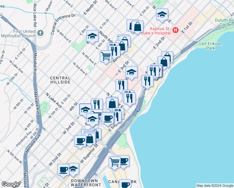 map of restaurants, bars, coffee shops, grocery stores, and more near 309 East 1st Street in Duluth