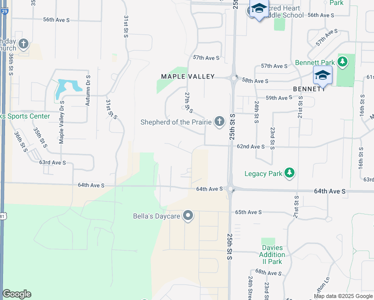 map of restaurants, bars, coffee shops, grocery stores, and more near 2730 Samuel Drive South in Fargo