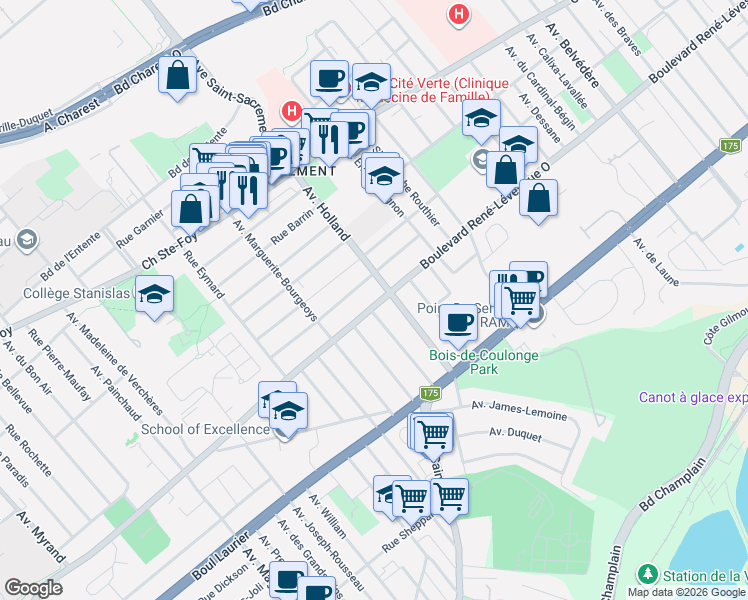 map of restaurants, bars, coffee shops, grocery stores, and more near 1308 Boulevard René-Lévesque Ouest in Québec