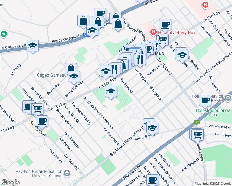 map of restaurants, bars, coffee shops, grocery stores, and more near 835 Avenue de Vimy in Québec