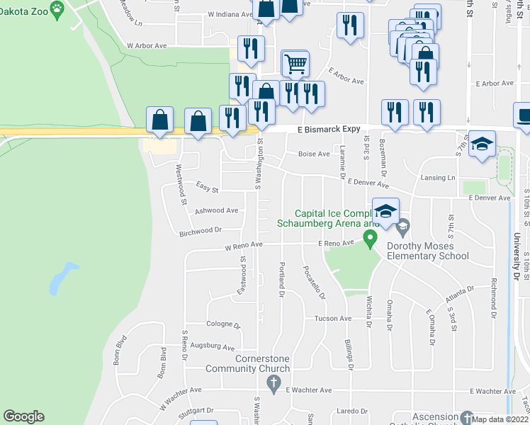 map of restaurants, bars, coffee shops, grocery stores, and more near 1255 South Washington Street in Bismarck