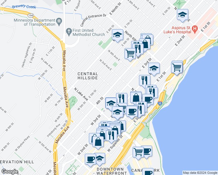 map of restaurants, bars, coffee shops, grocery stores, and more near 403 North 2nd Avenue East in Duluth