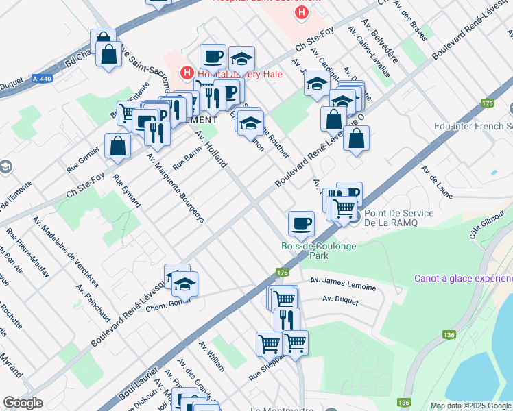 map of restaurants, bars, coffee shops, grocery stores, and more near 1015 Avenue Holland in Quebec