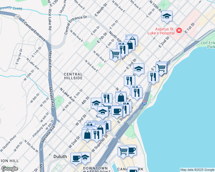 map of restaurants, bars, coffee shops, grocery stores, and more near 223 East 3rd Street in Duluth
