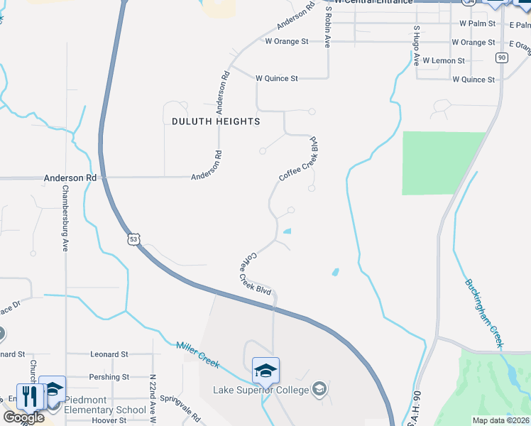 map of restaurants, bars, coffee shops, grocery stores, and more near 123 Coffee Creek Boulevard in Duluth