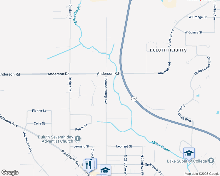 map of restaurants, bars, coffee shops, grocery stores, and more near 3620 Chambersburg Avenue in Duluth