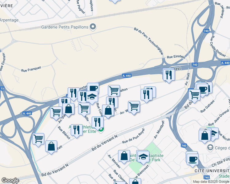map of restaurants, bars, coffee shops, grocery stores, and more near 2470 Avenue Dalton in Ville de Québec