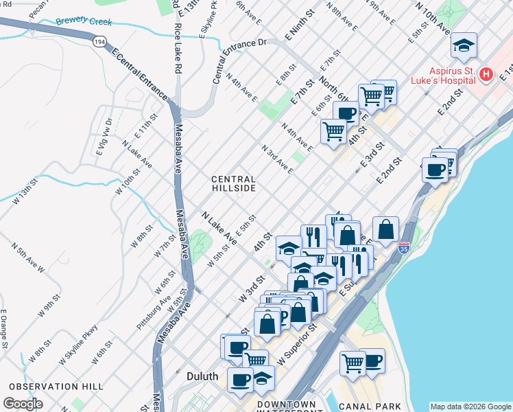map of restaurants, bars, coffee shops, grocery stores, and more near 414 North 1st Avenue East in Duluth