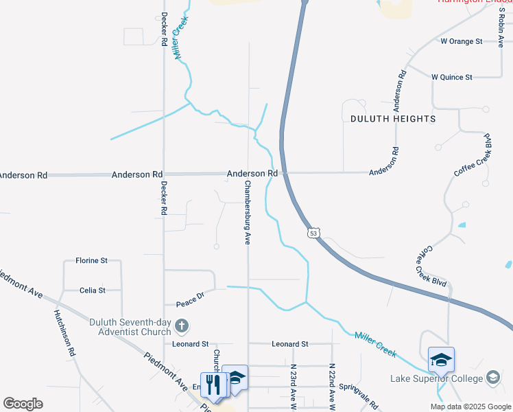 map of restaurants, bars, coffee shops, grocery stores, and more near 3620 Chambersburg Avenue in Duluth