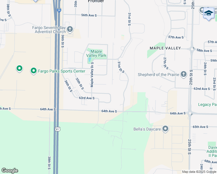 map of restaurants, bars, coffee shops, grocery stores, and more near 3232 32nd Street South in Fargo