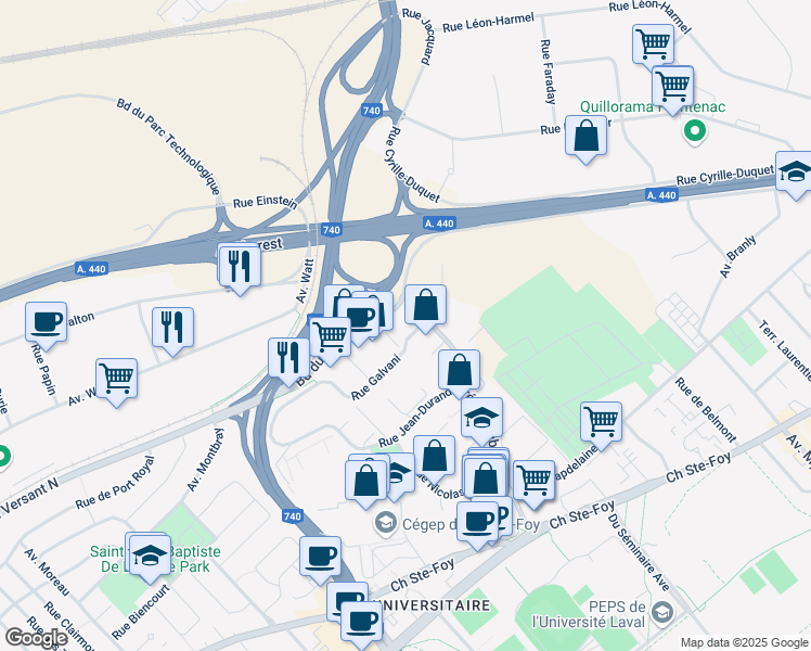 map of restaurants, bars, coffee shops, grocery stores, and more near 2322 Avenue Nérée Tremblay in Quebec