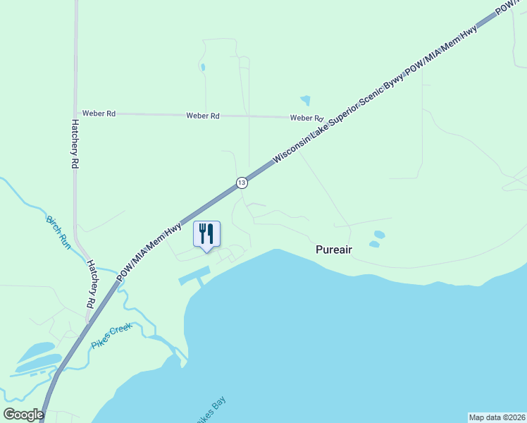map of restaurants, bars, coffee shops, grocery stores, and more near 34580 Bay View Road in Bayfield