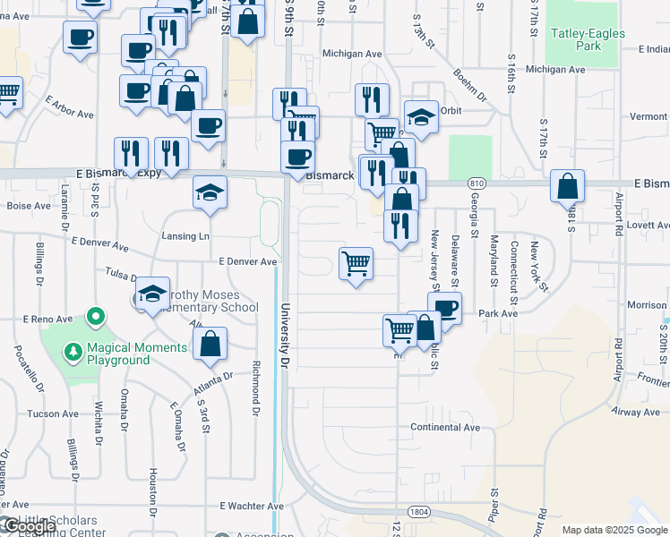 map of restaurants, bars, coffee shops, grocery stores, and more near 1119 University Drive in Bismarck