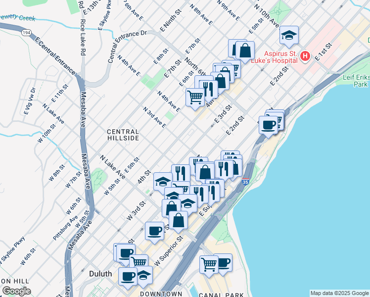 map of restaurants, bars, coffee shops, grocery stores, and more near 302 East 4th Street in Duluth