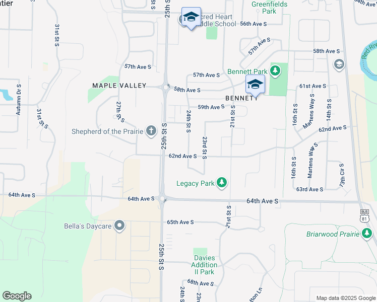map of restaurants, bars, coffee shops, grocery stores, and more near 6119 24th Street South in Fargo