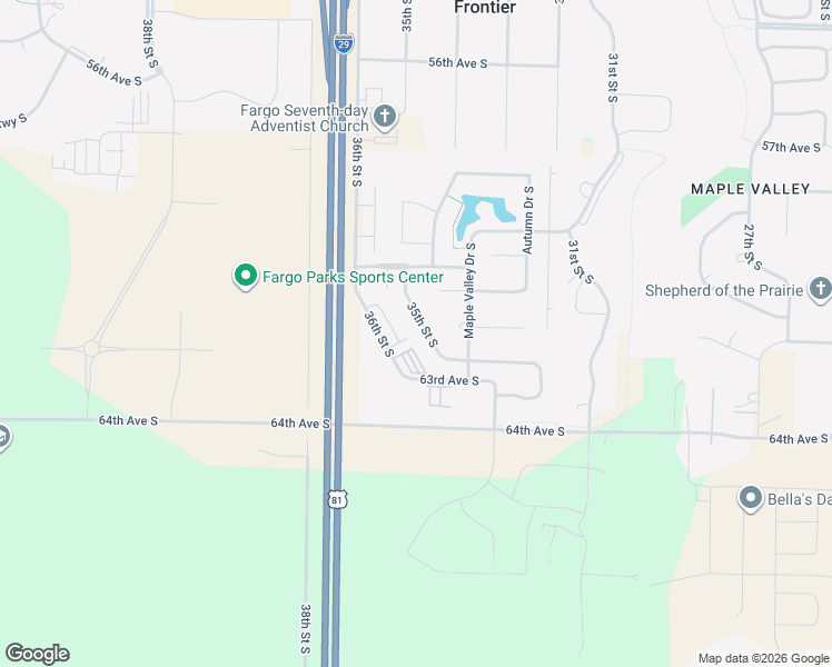 map of restaurants, bars, coffee shops, grocery stores, and more near 6166 35th Street South in Fargo