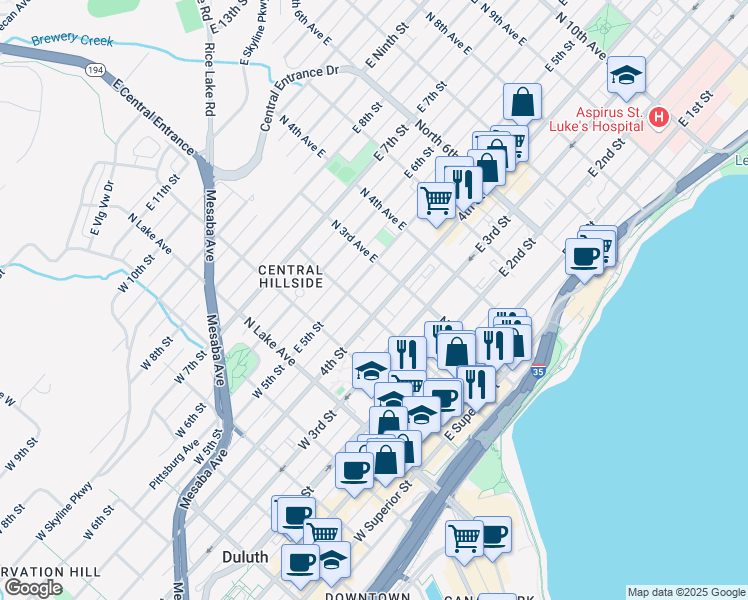 map of restaurants, bars, coffee shops, grocery stores, and more near 216-1/2 East 5th Street in Duluth