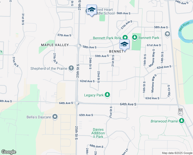 map of restaurants, bars, coffee shops, grocery stores, and more near 6121 23 Street South in Fargo