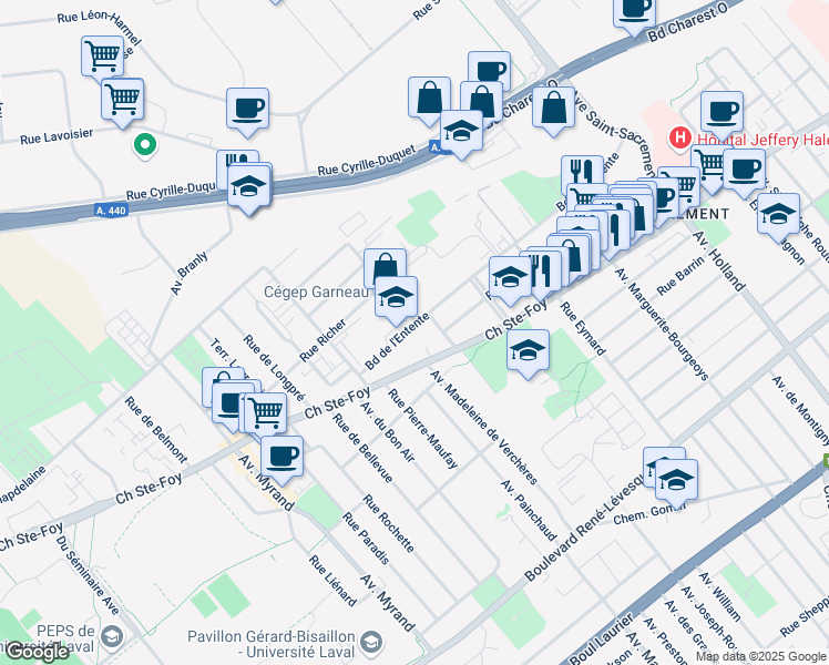 map of restaurants, bars, coffee shops, grocery stores, and more near 1647 Boulevard de l'Entente in Ville de Québec